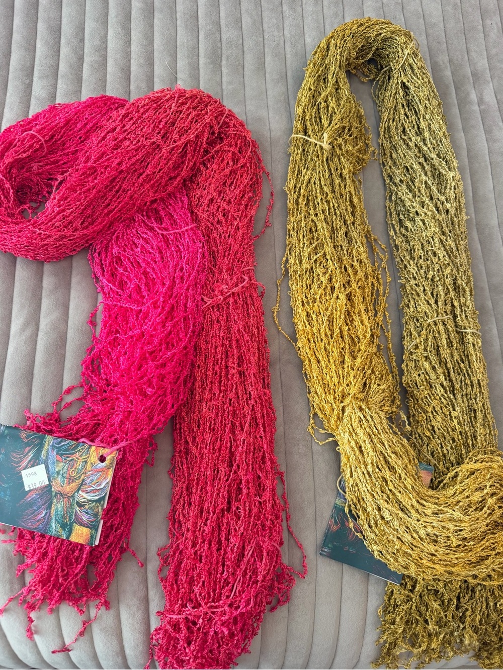 Blue heron Vibrant Pink and Mustard Textured yarn bundles of 60” strands